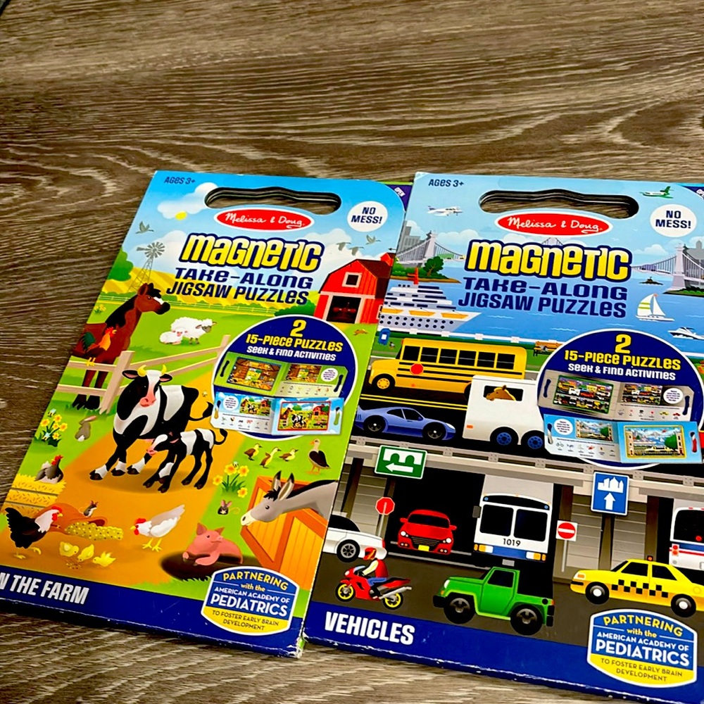 Bundle Melissa & Doug magnetic take-along travel puzzles - 2 farm + 2 vehicle